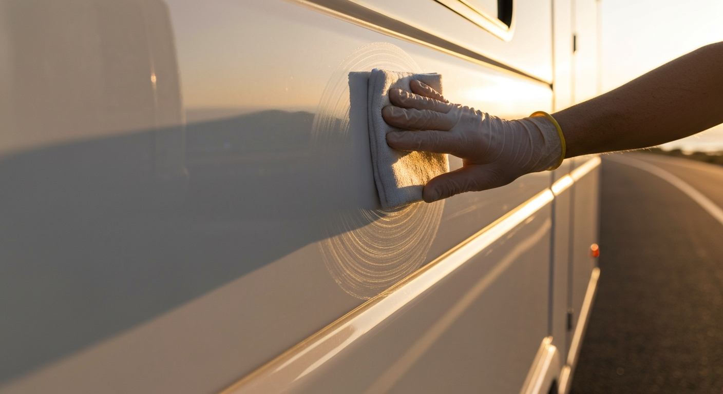 Gloved hand wiping a white van’s side panel with a cloth in warm sunlight