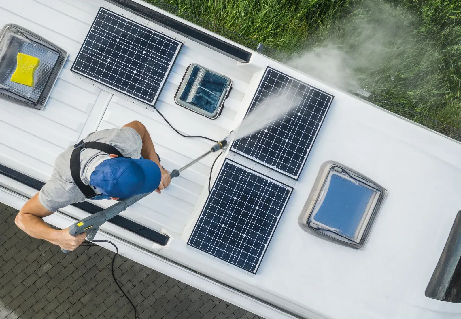 Worker pressure-washing a white RV roof with solar panels and skylights from above