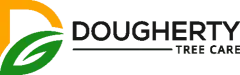 Dougherty Tree care logo with a green leaf, yellow 