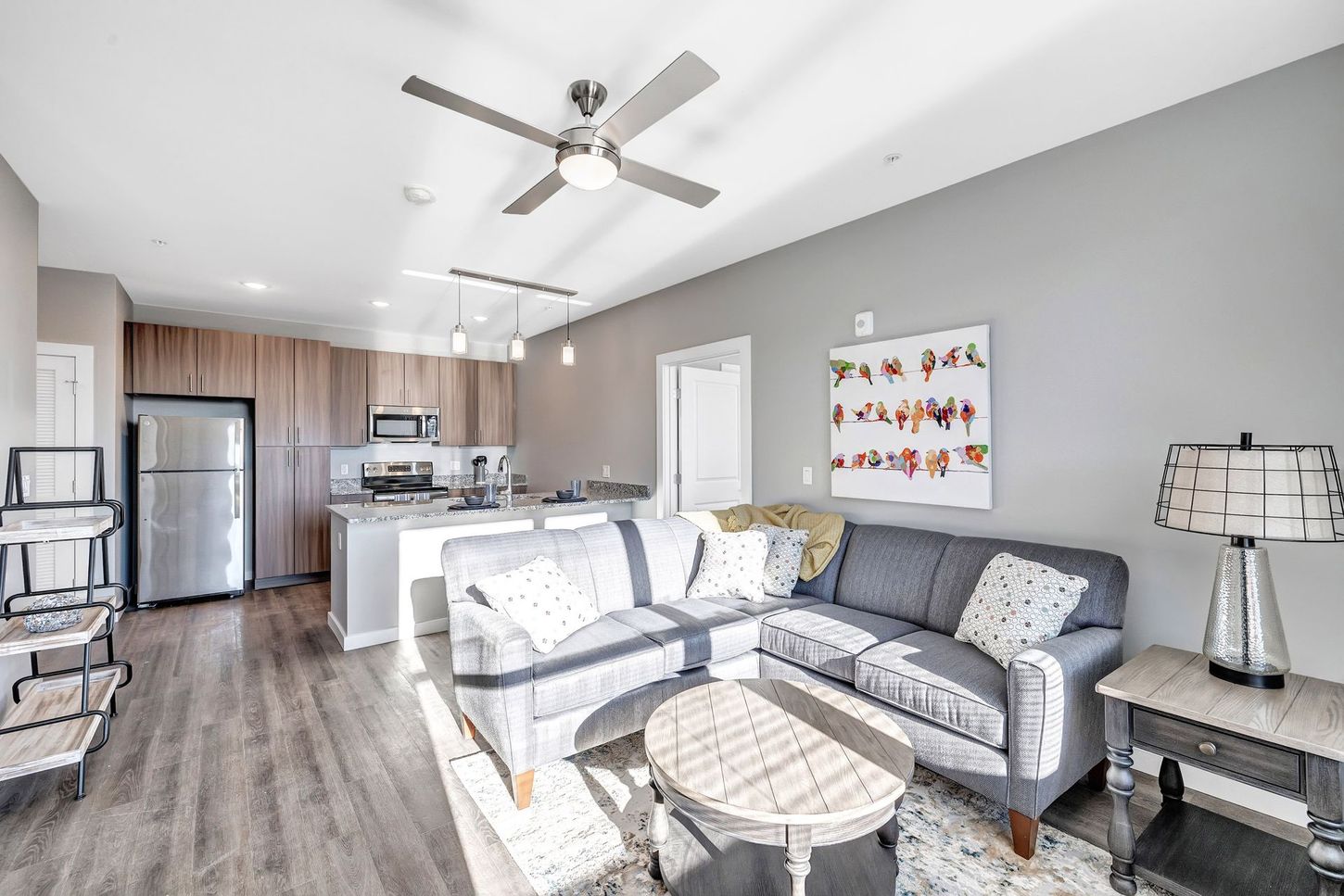 A living room filled with furniture and a ceiling fan.