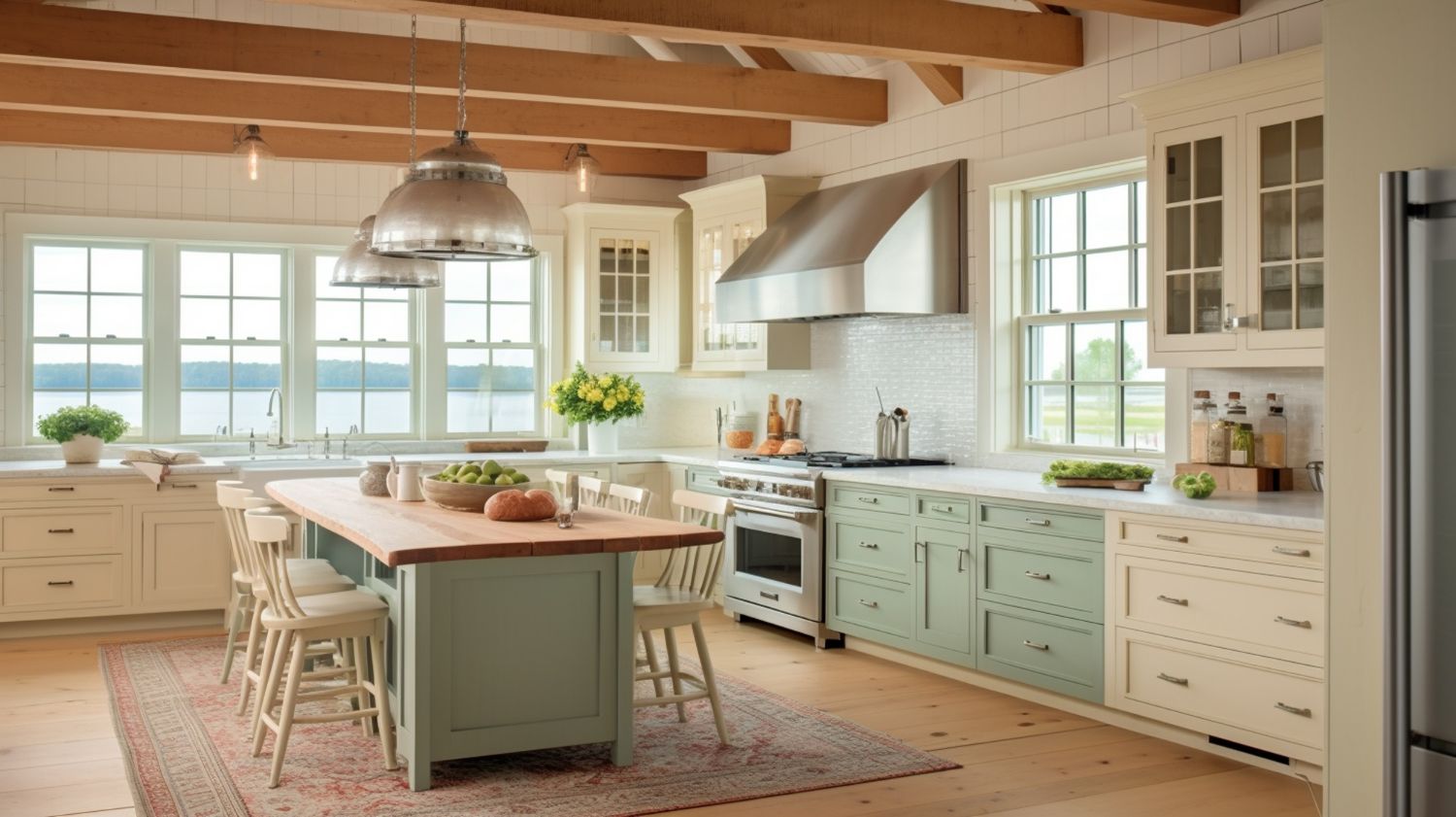 Bright, airy kitchen with island and light green and white cabinets, stainless steel range and hood, windows.