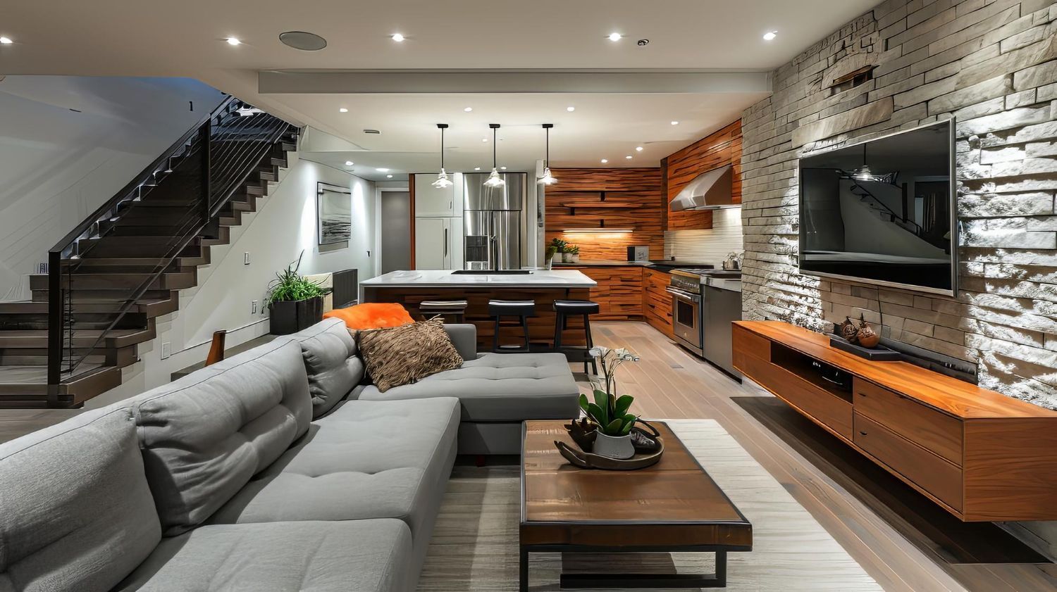 Open-concept living room with a gray sectional sofa, stone accent wall with TV, wooden console, and modern kitchen area.