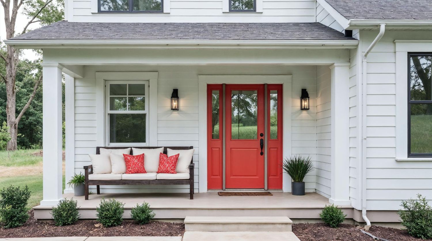 A white farmhouse-style home exterior featuring a vibrant red front door, a black porch bench, and small garden shrubs.