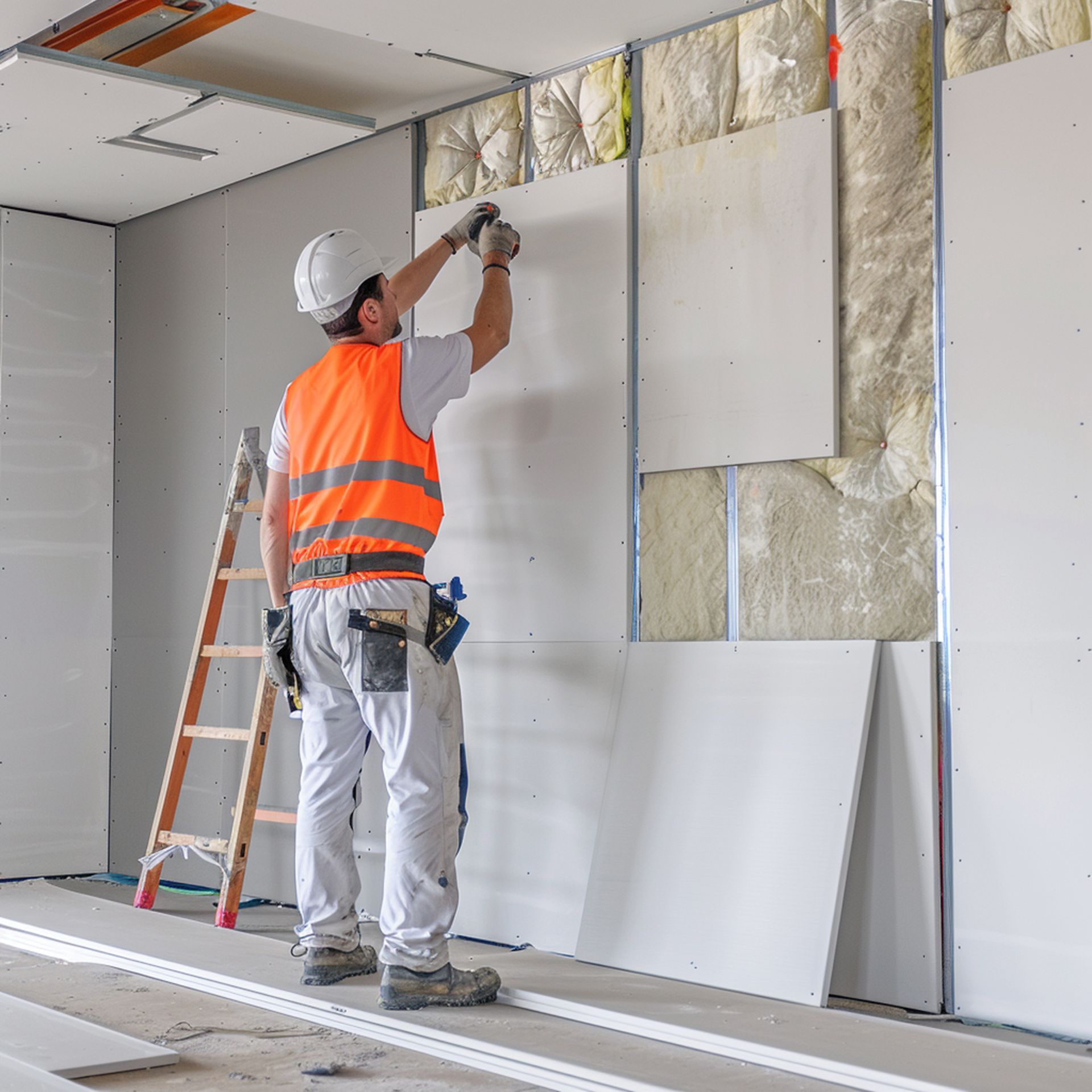 Worker in a hard hat and safety vest installing drywall panels on a wall