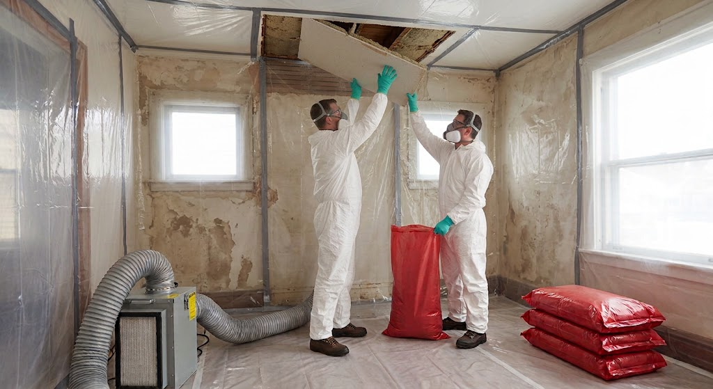 Workers in white protective suits remove damaged ceiling material in a room marked for asbestos removal.