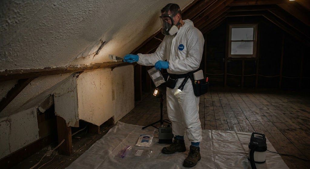 Technician in white protective suit and pink respirator inspects a ceiling vent in an industrial room