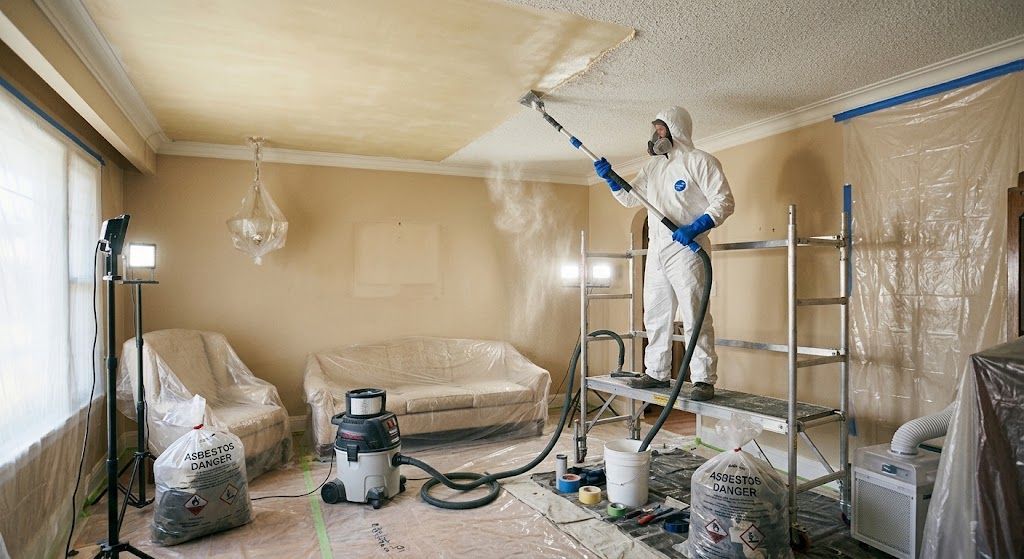 Person in protective gear scrapes damaged ceiling in a room with peeling walls and broken windows.