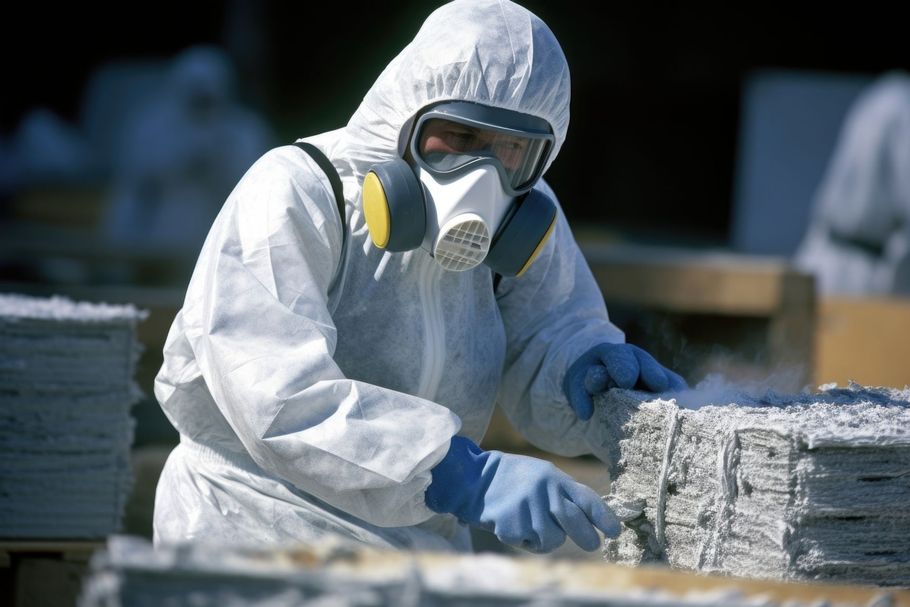 Worker in white hazmat suit and respirator handling stacked metal sheets outdoors