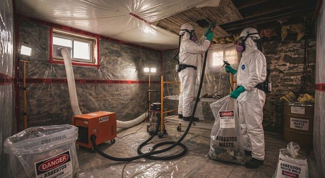 Workers in white suits removing a corrugated roof panel from a tarp-lined area