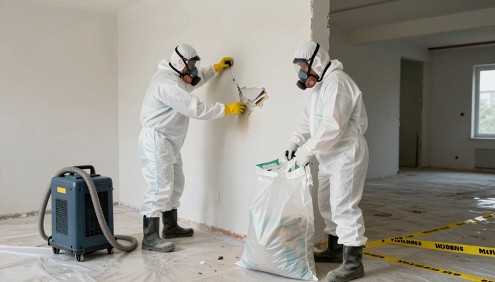 A worker in white protective suit spraying the outside of a house wall with an orange hose