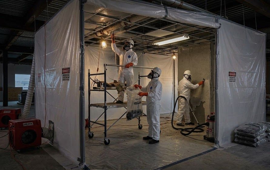 Workers in hazmat suits spray and clean a debris-filled industrial area behind plastic sheeting.