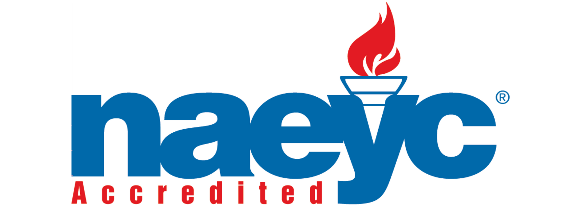 NAEYC Accredited logo in blue and red with a torch icon