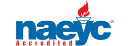 NAEYC Accredited logo in blue and red with a torch icon
