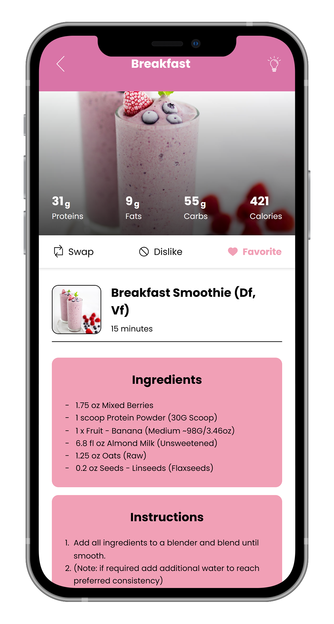 A cell phone with a recipe for a smoothie on the screen.