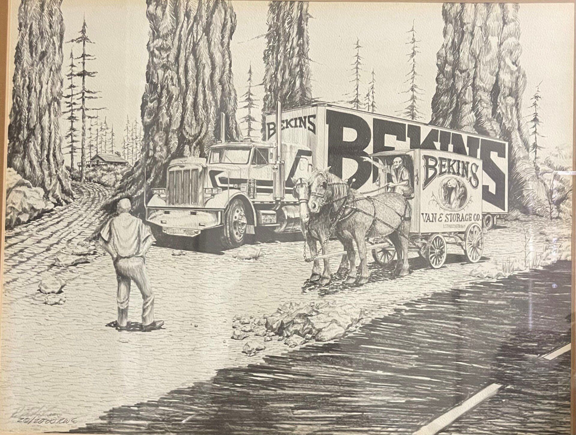 Truck and horse-drawn cart with