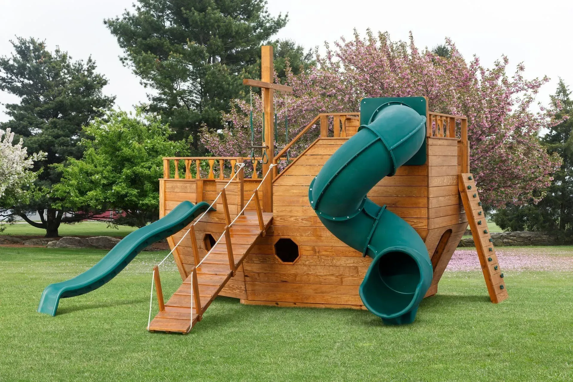 Custom wooden playground set handcrafted by Amish builders in Lancaster County, Pennsylvania.