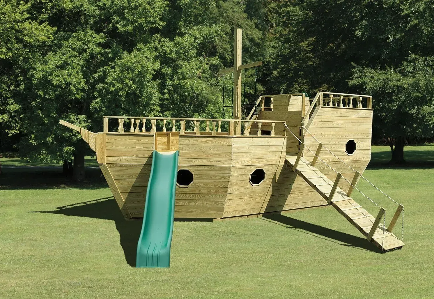 Large wooden playground boat with multiple play features for active outdoor fun