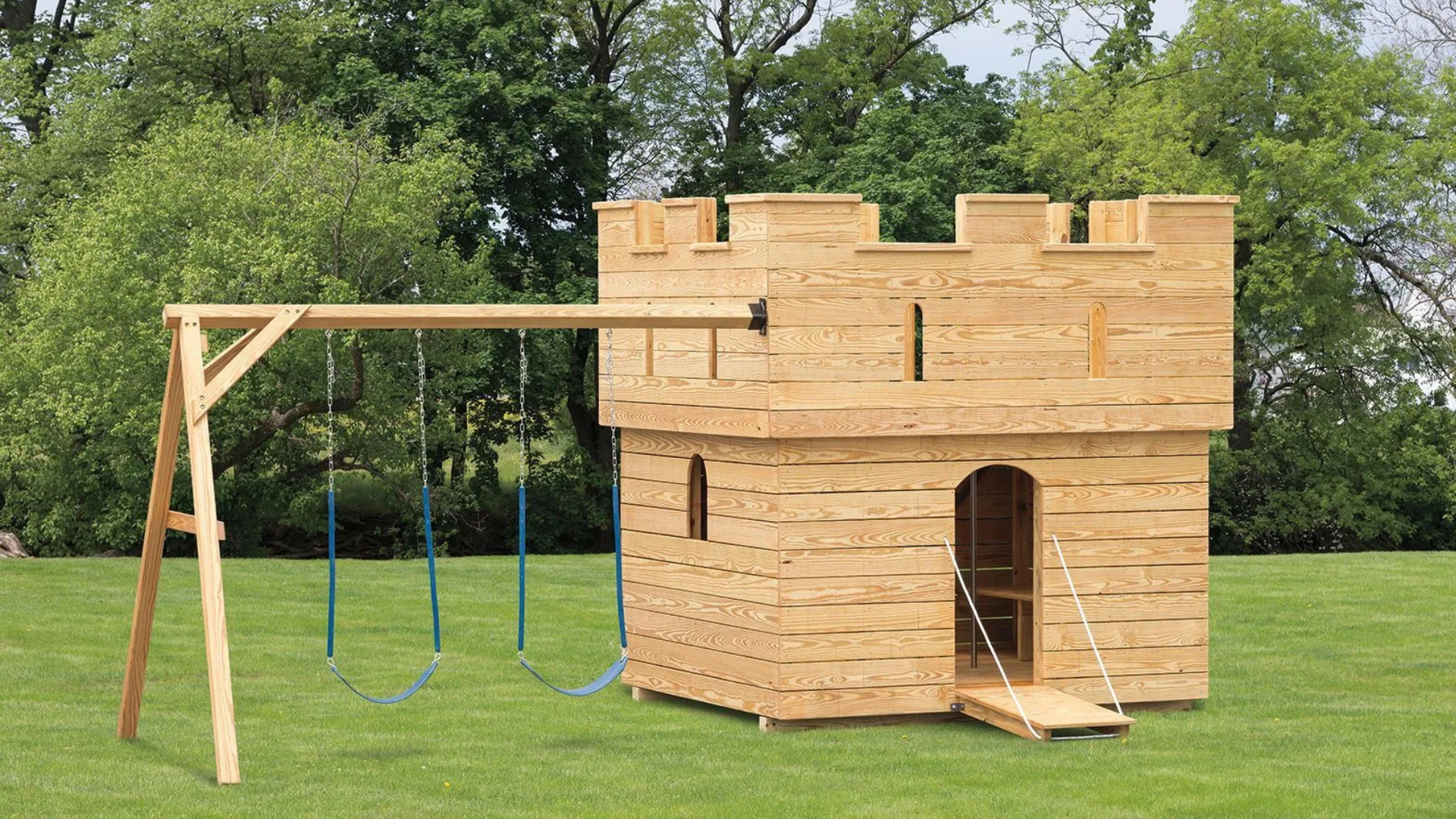 Custom wooden castle playground set handcrafted by Amish builders in Lancaster County, Pennsylvania
