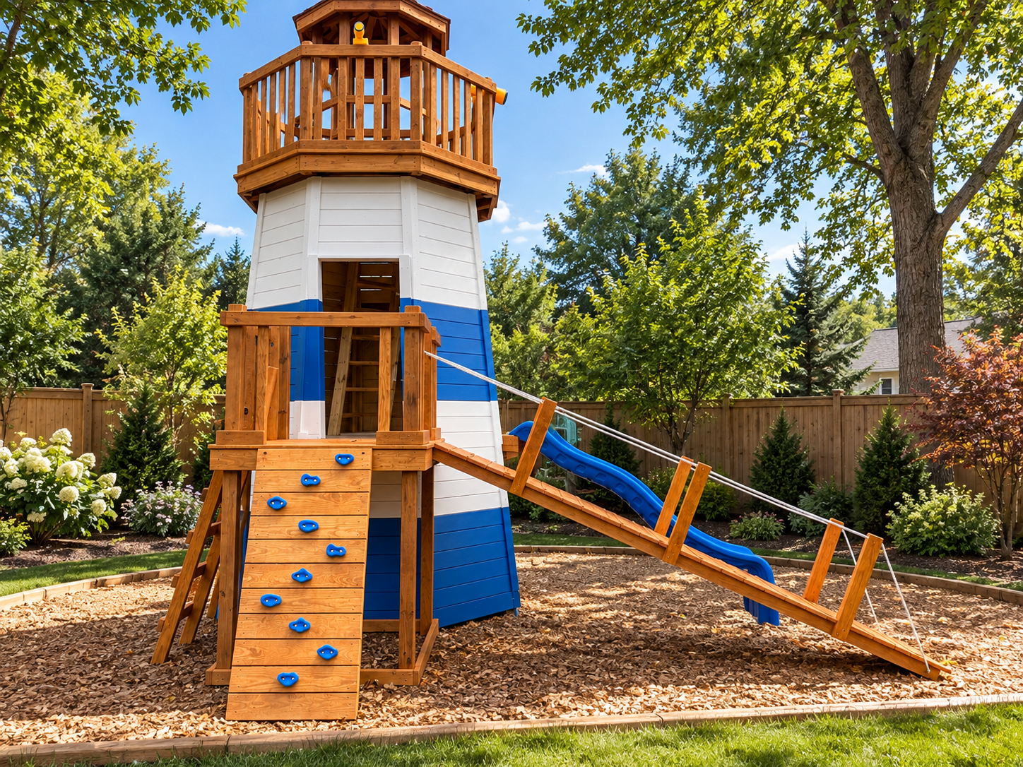 Amish-built blue and white wooden lighthouse playground featuring a rock climbing wall, rope-supported ramp, upper observation deck, and blue slide in a landscaped backyard.