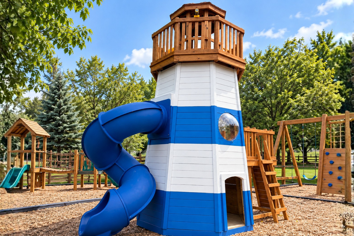 Custom Amish-built lighthouse playground featuring a blue enclosed spiral tube slide, round bubble window, wooden observation deck, and climbing stairs in an outdoor playground setting.