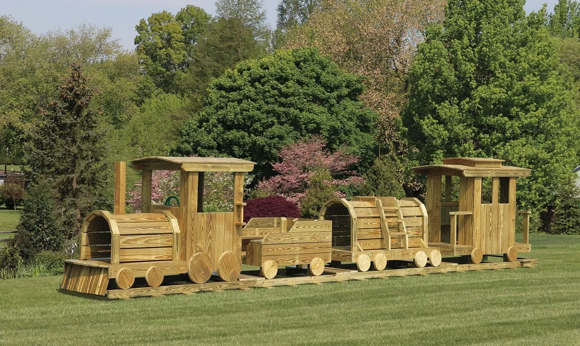 Handcrafted wooden train playset with climbing, imaginative play, and interactive features