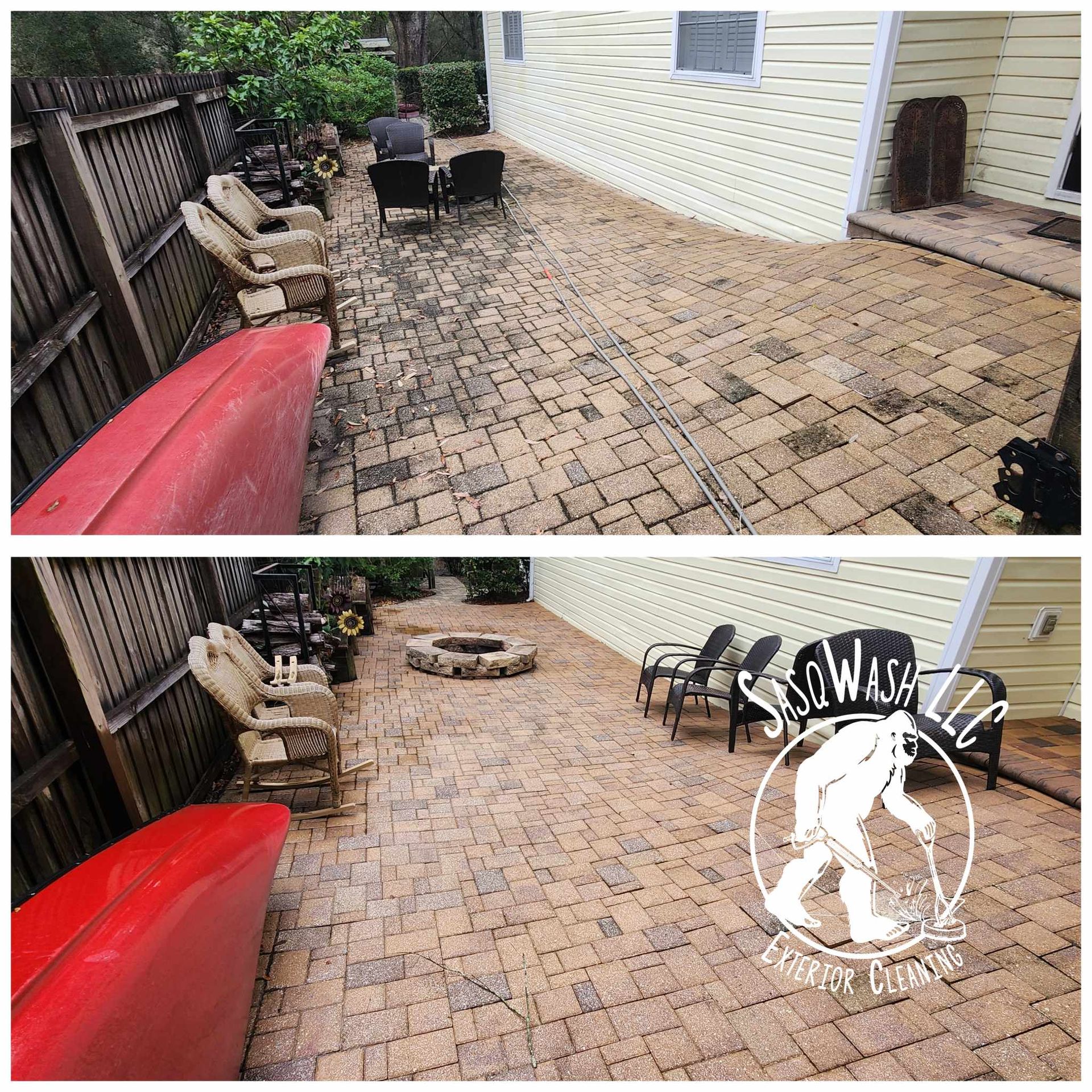 A before and after photo of a patio with a fire pit and chairs.