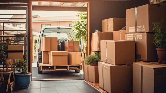 A van is loaded with cardboard boxes in a garage.