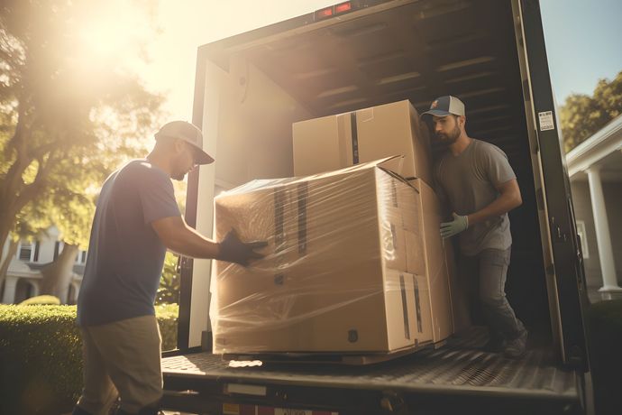 Two men are loading boxes into a moving truck.