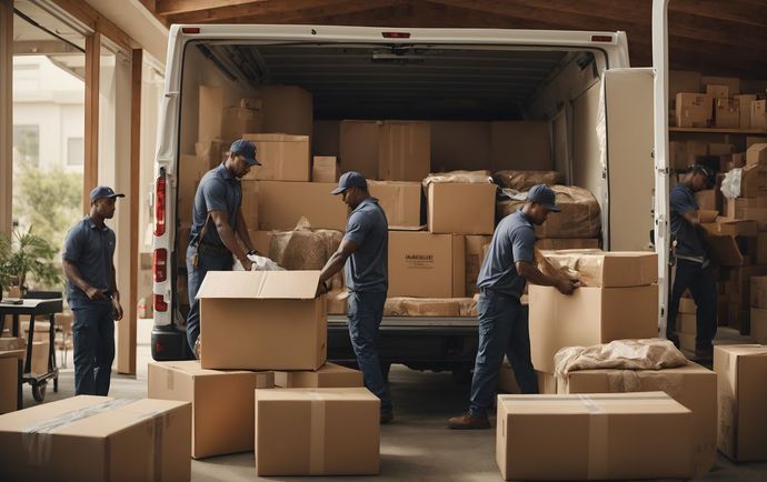 A group of men are loading boxes into a moving truck.