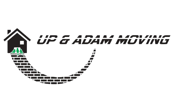 A logo for up & adam moving with a house and a brick path.