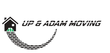 A logo for up & adam moving with a house and a brick path.