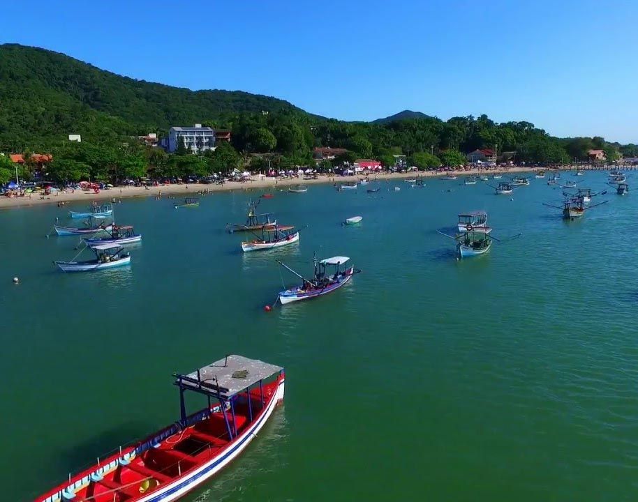 Vários barcos de pesca coloridos ancorados em uma baía tranquila perto de uma praia de areia, com colinas verdes e edifícios ao fundo.
