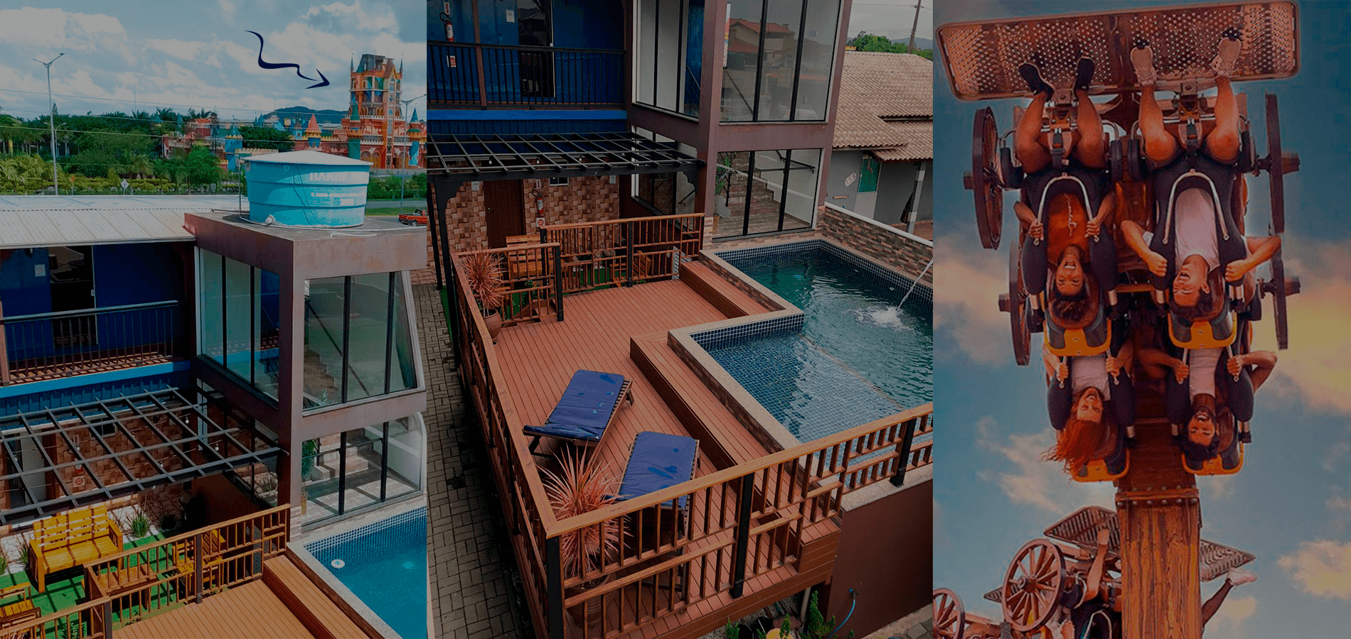 Uma colagem que mostra o exterior de um prédio moderno com piscina, terraço na cobertura e um brinquedo vertical de parque de diversões.