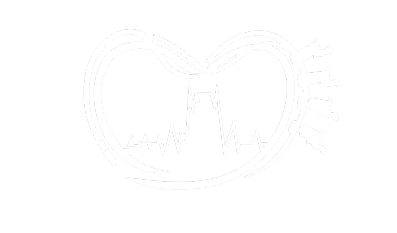 Ícone de linha branca em forma de coração contendo uma linha de ECG, com um balão de fala estilizado à direita.