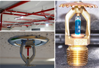 Fire sprinkler system with red pipes and sprinkler heads. Close-ups show a sprinkler head and a bulb inside.