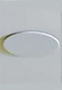 Circular, recessed ceiling light with silver trim against a white ceiling.