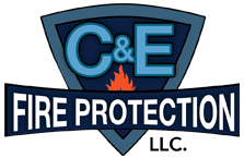 Logo for C&E Fire Protection LLC: blue shield with 