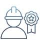 Construction worker with hard hat next to an award ribbon.