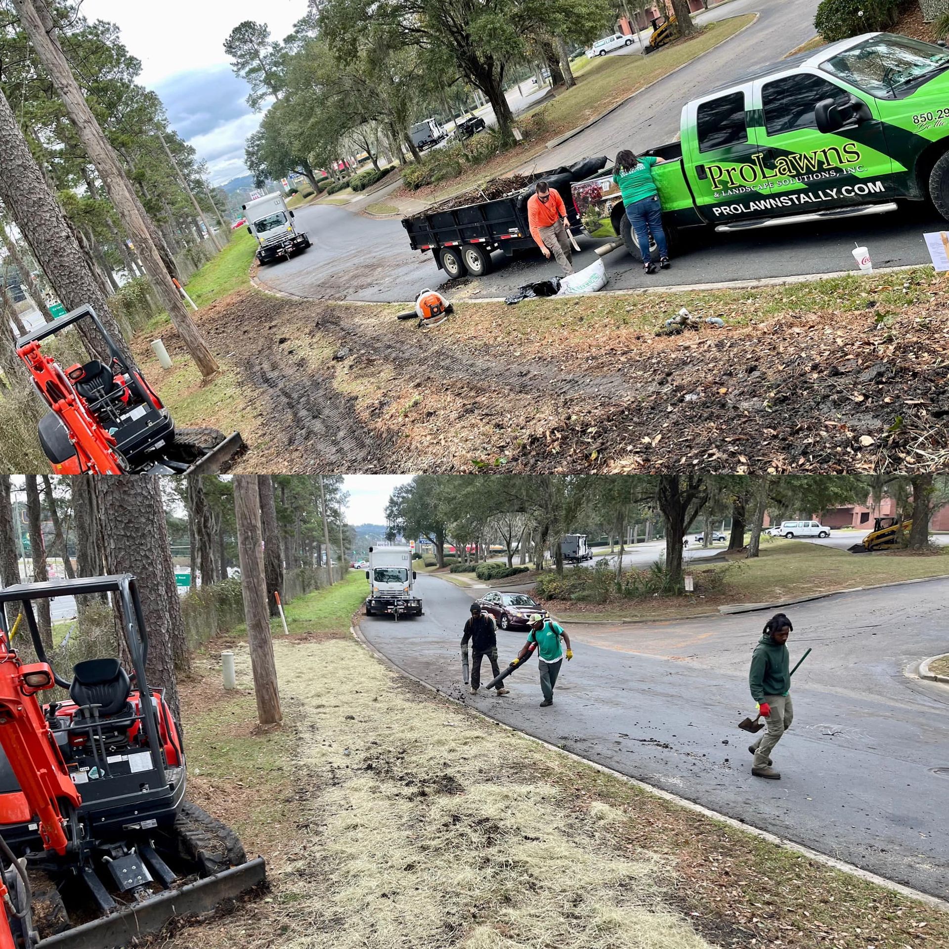 Roadside crew repairing a curve as a tow truck lifts a green off-road vehicle on a tree-lined street.
