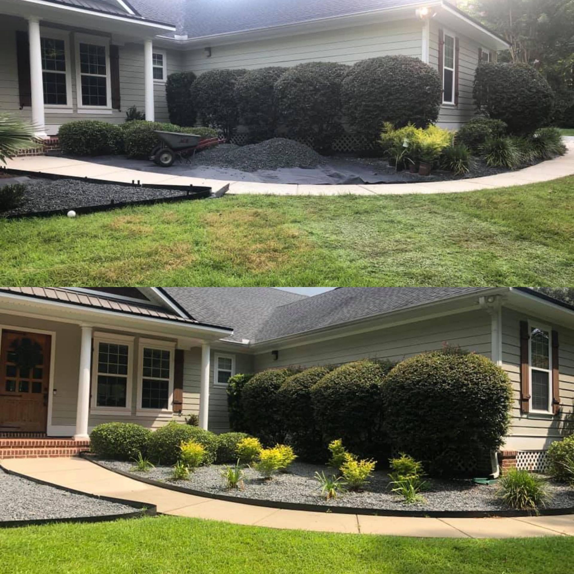 Front yard before-and-after: house entry with fresh landscaping, shrubs, walkway, and lawn