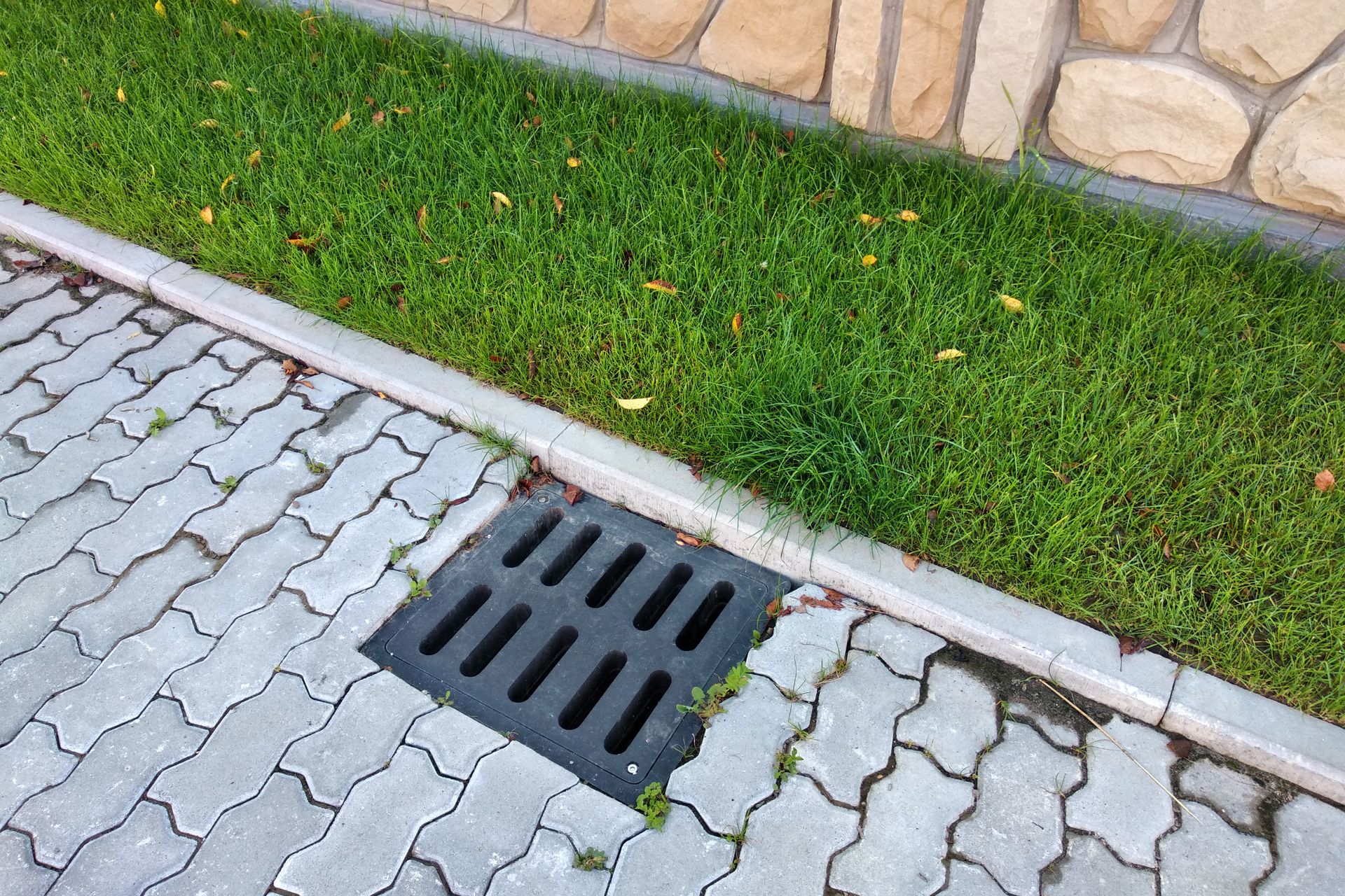Street drain grate beside gray paving stones and a grassy curb