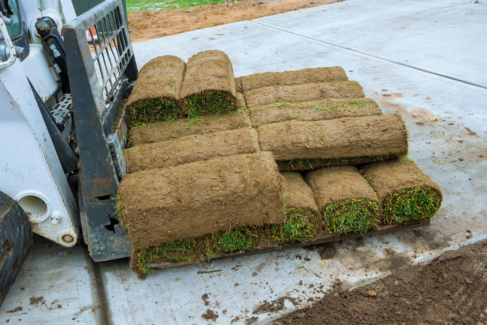 Stacked sod rolls beside a machine on a concrete surface, with green grass visible at the cut edges