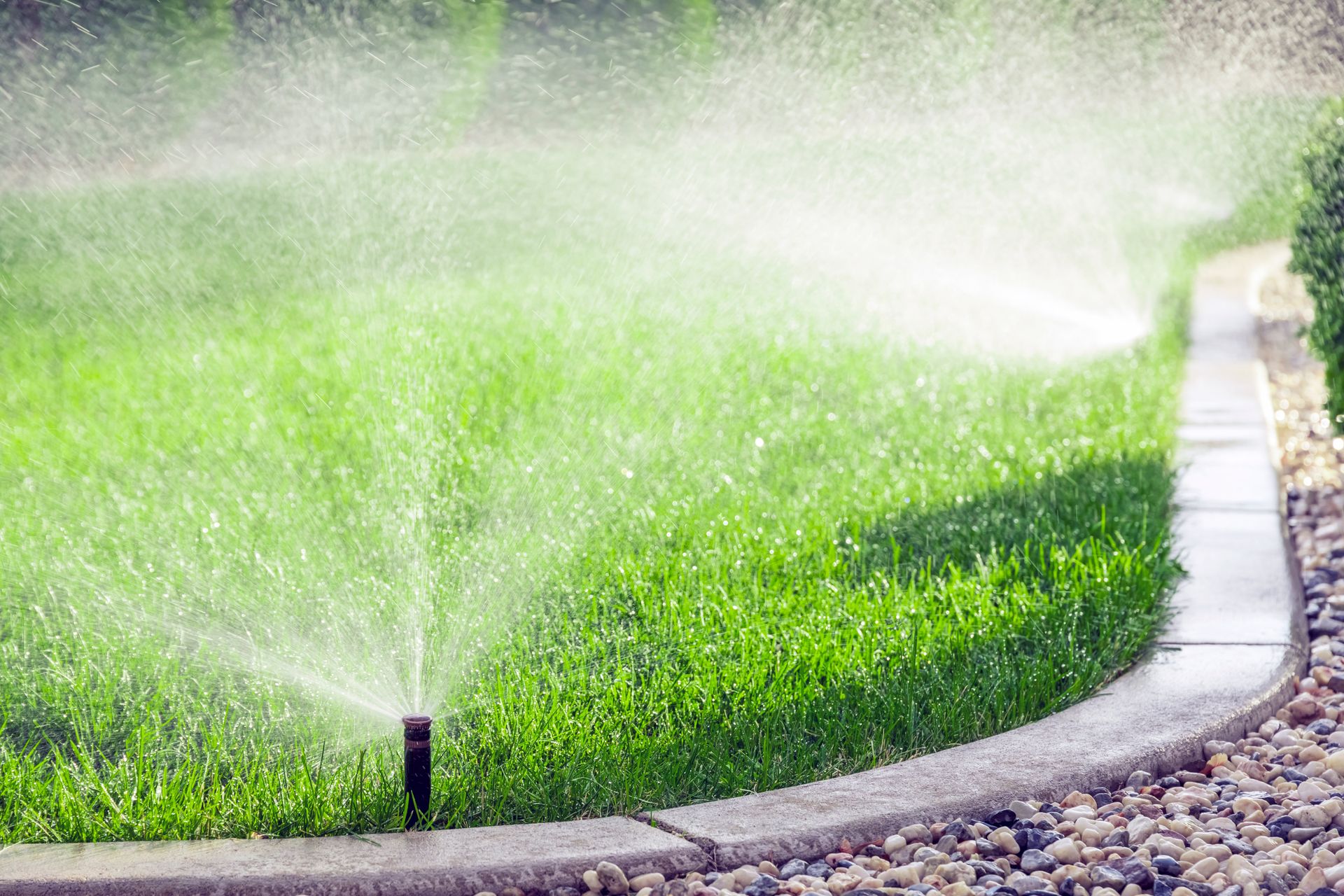 Lawn sprinkler spraying water over green grass beside a curved stone border