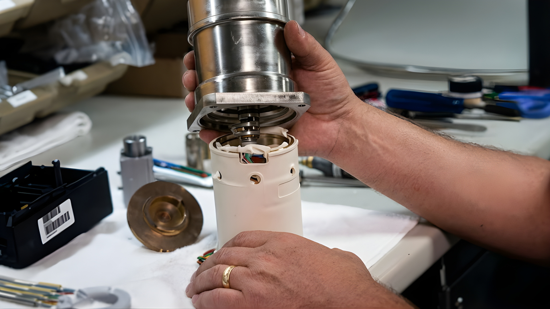 Shiny stainless steel laboratory equipment with a control unit and hose fittings on a white background