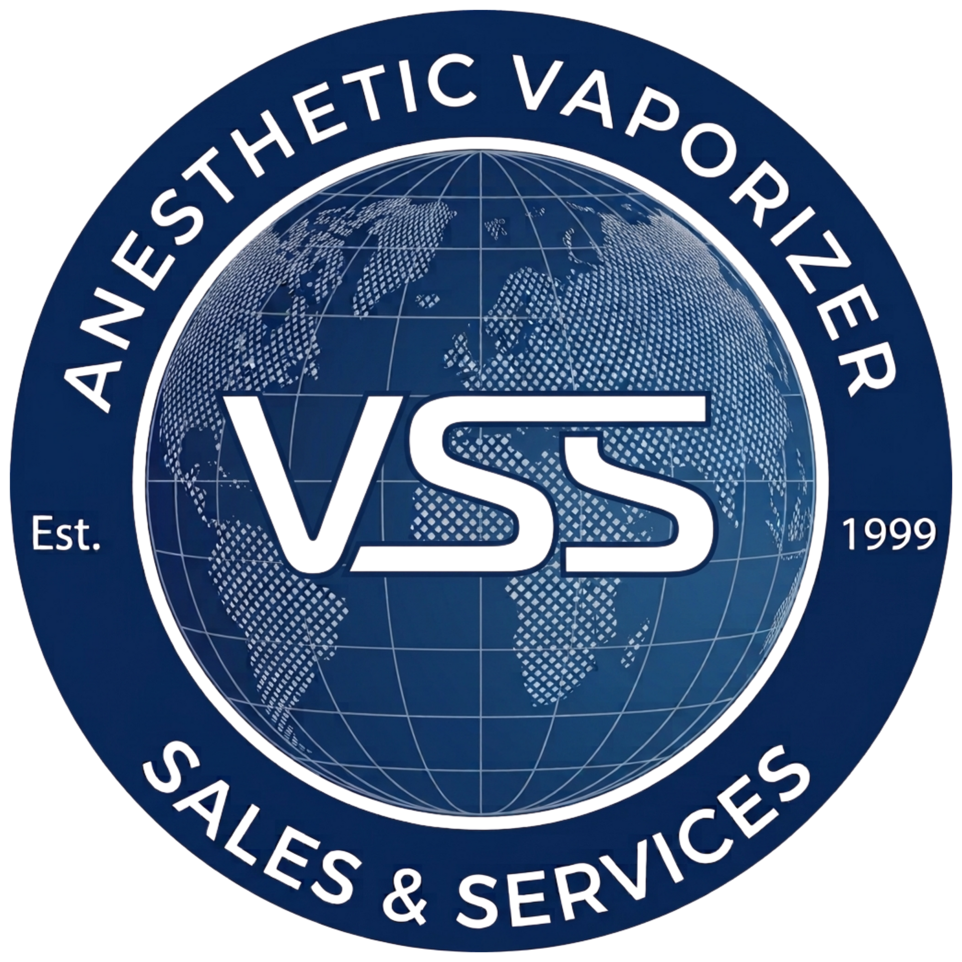 Blue circular VSS logo with globe, “Anesthetic Vaporizer,” and “Sales & Services,” Est. 1999