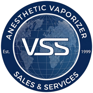 Blue circular VSS logo with globe, “Anesthetic Vaporizer,” and “Sales & Services,” Est. 1999