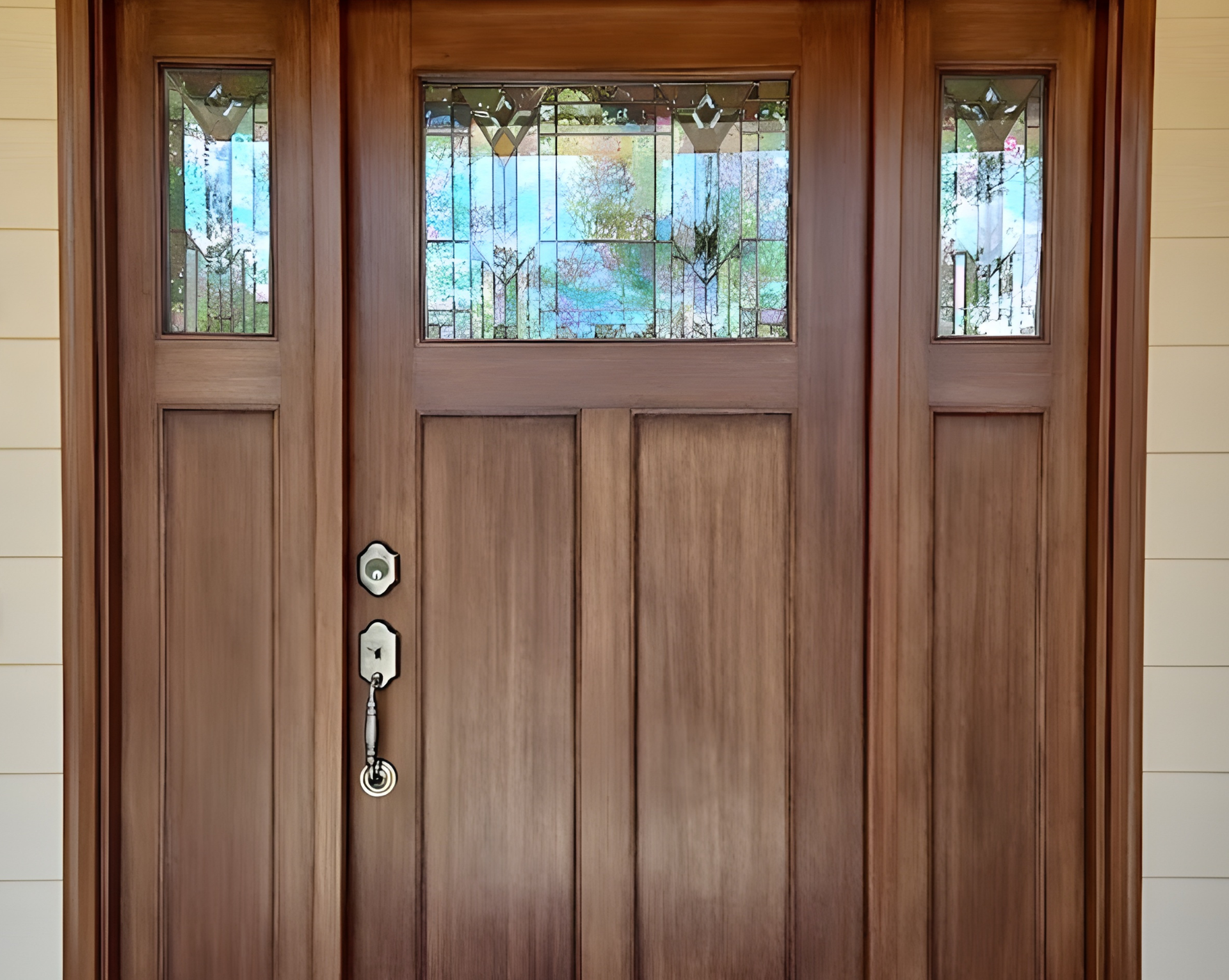 A wooden front door with stained glass inserts in the center panel, sidelights, and a transom window.