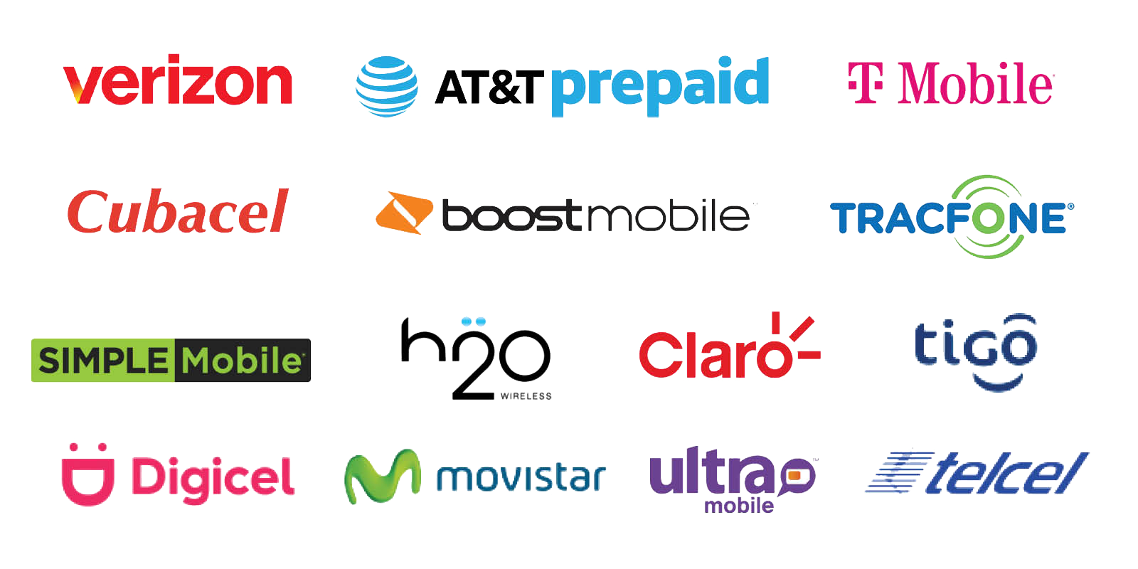 Collage of mobile carrier logos, including Verizon, AT&T Prepaid, T-Mobile, Cubacel, Boost Mobile, and TracFone.