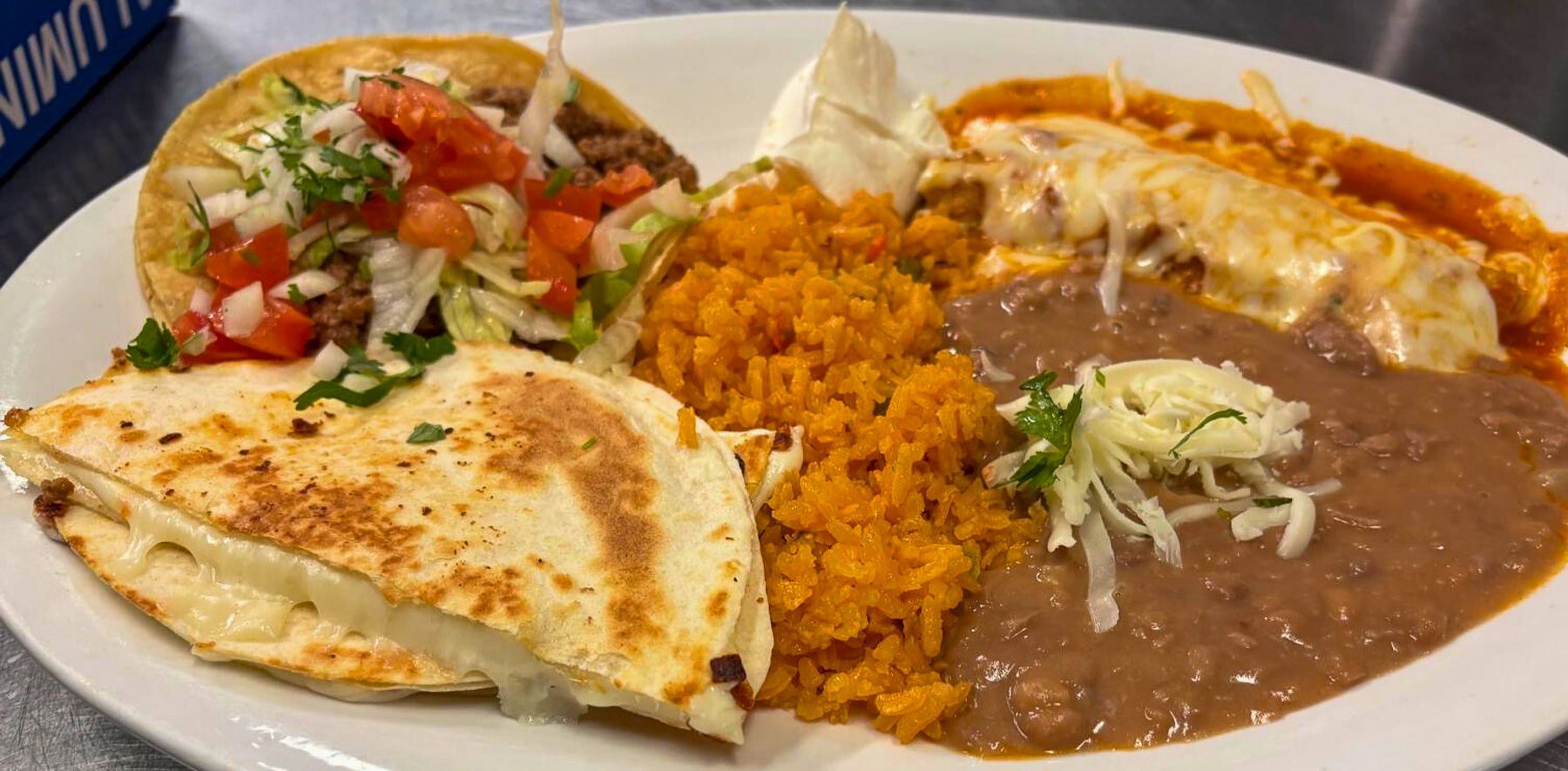 Combination plate with Mexican rice and beans