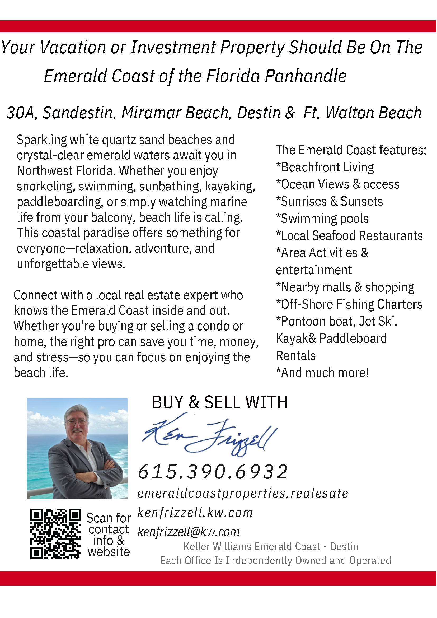 Real estate advertisement with a man in a suit, beach backdrop, contact info, and QR code.